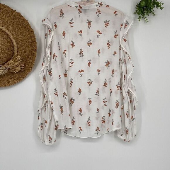 Ann Taylor Floral Feminine Blouse Semi-Sheer Linen Blend Ruffle Sleeve White XL - Picture 9 of 16